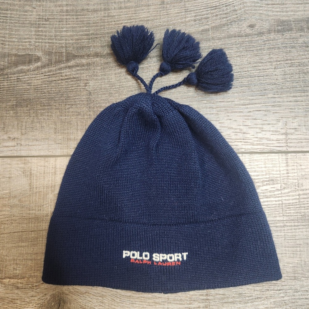 Vintage 90s Polo Sport Ralph Lauren Tassel Beanie Hat Navy Blue Wool Blend OG